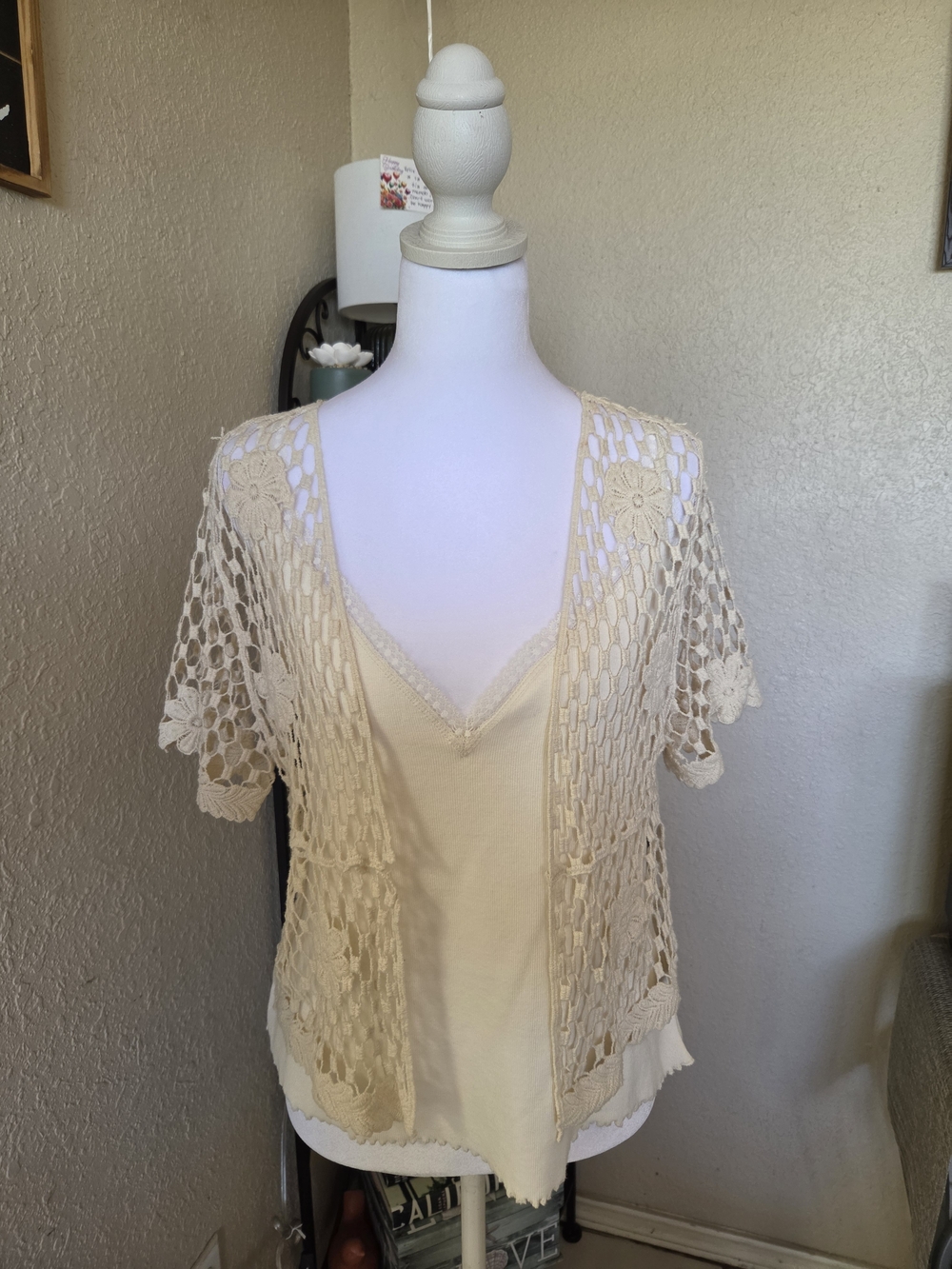 Women's Cream Crochet Open-Front Shrug - Lightweight Layering